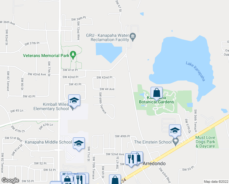 map of restaurants, bars, coffee shops, grocery stores, and more near 6713 Southwest 44 Avenue in Gainesville
