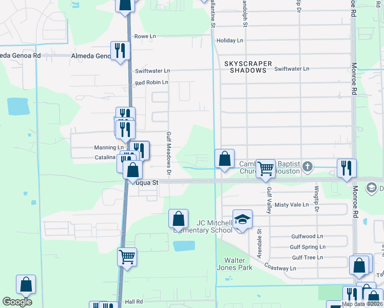 map of restaurants, bars, coffee shops, grocery stores, and more near 10409 Gulf Meadows Drive in Houston