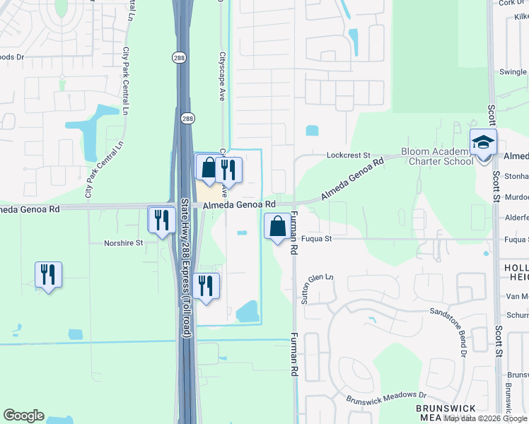 map of restaurants, bars, coffee shops, grocery stores, and more near 2730 Almeda-Genoa Road in Houston