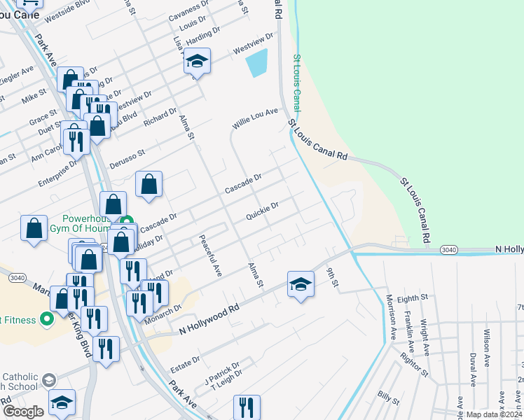 map of restaurants, bars, coffee shops, grocery stores, and more near 601 Quickie Drive in Houma