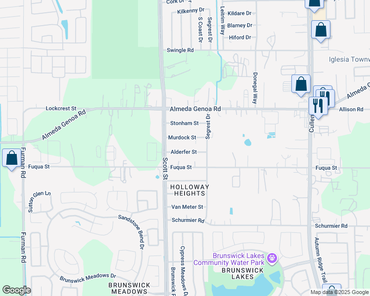 map of restaurants, bars, coffee shops, grocery stores, and more near 3610 Alderfer Street in Houston