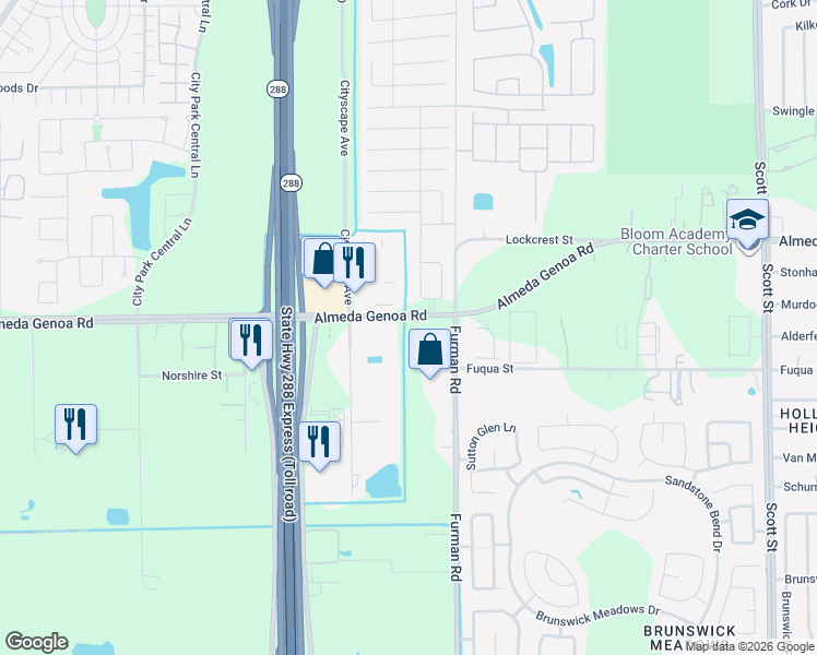 map of restaurants, bars, coffee shops, grocery stores, and more near 2730 Almeda-Genoa Road in Houston