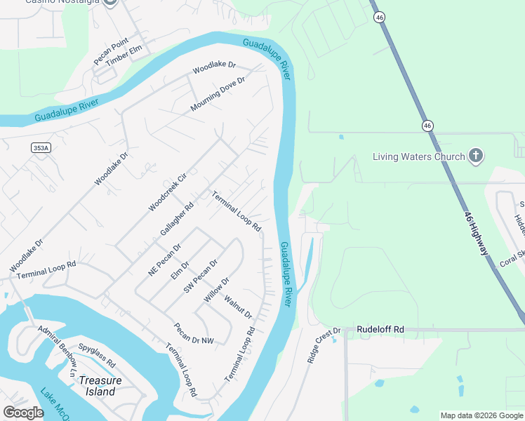map of restaurants, bars, coffee shops, grocery stores, and more near 2526 Terminal Loop Road in McQueeney