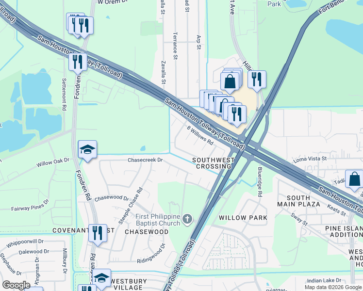 map of restaurants, bars, coffee shops, grocery stores, and more near 7635 South Glen Willow Lane in Missouri City