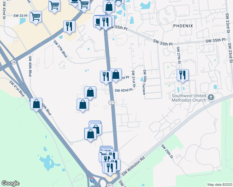 map of restaurants, bars, coffee shops, grocery stores, and more near 3353 Southwest 42nd Place in Gainesville