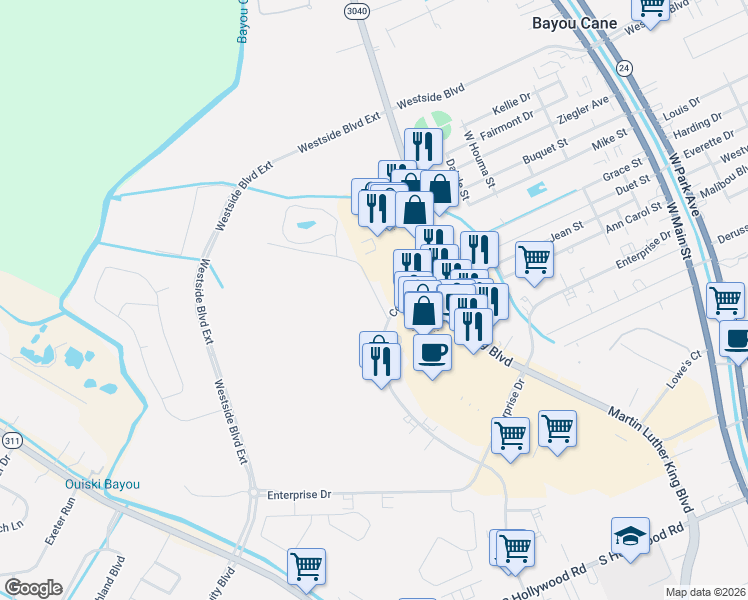 map of restaurants, bars, coffee shops, grocery stores, and more near Emerson Drive in Houma