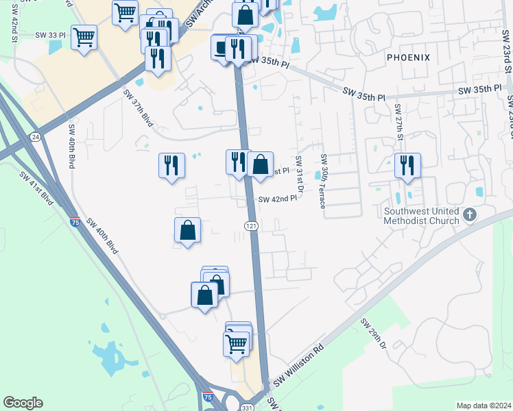 map of restaurants, bars, coffee shops, grocery stores, and more near 3383 Southwest 42nd Place in Gainesville