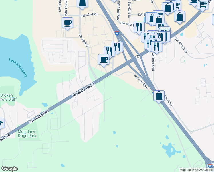 map of restaurants, bars, coffee shops, grocery stores, and more near 4221 Southwest 44th Street in Gainesville