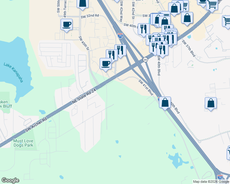 map of restaurants, bars, coffee shops, grocery stores, and more near 6499 Southwest 44th Street in Gainesville