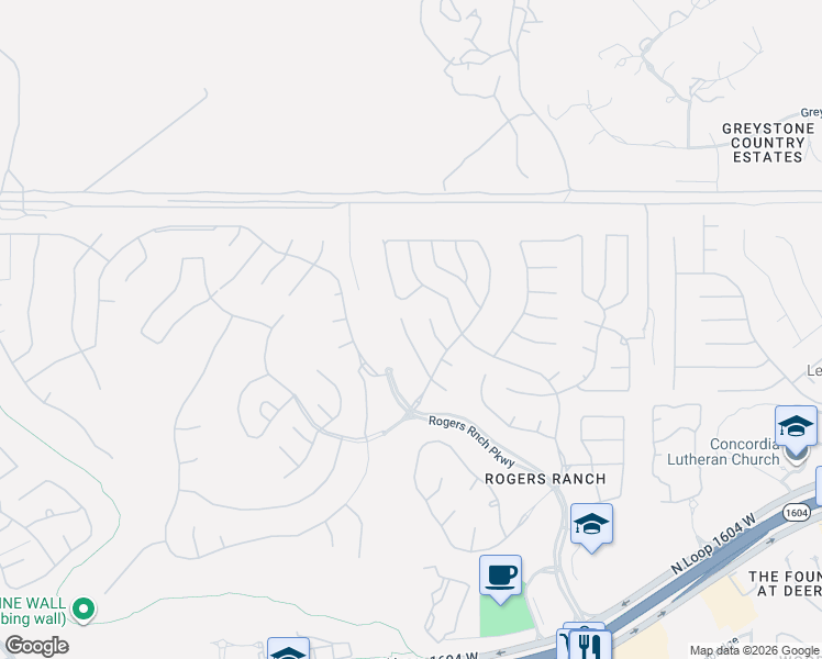 map of restaurants, bars, coffee shops, grocery stores, and more near 18438 Rogers Pike in San Antonio