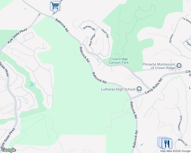 map of restaurants, bars, coffee shops, grocery stores, and more near 18480 Babcock Road in San Antonio