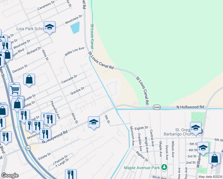 map of restaurants, bars, coffee shops, grocery stores, and more near 33 Parkway Circle in Houma
