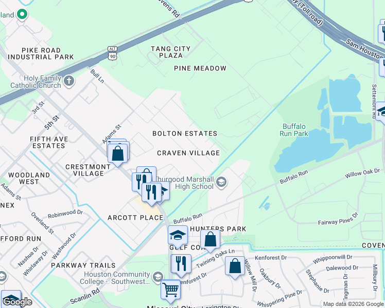 map of restaurants, bars, coffee shops, grocery stores, and more near 1031 Bolton Drive in Missouri City