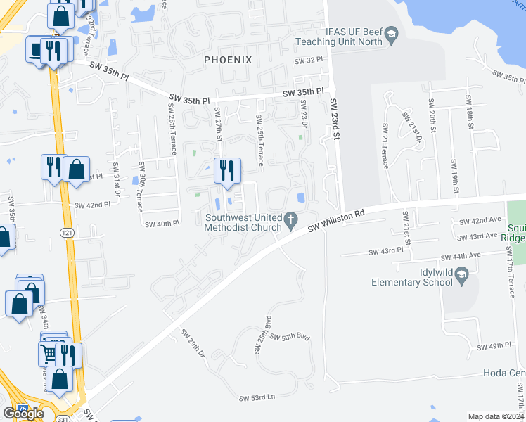 map of restaurants, bars, coffee shops, grocery stores, and more near 4017 Southwest 26th Terrace in Gainesville