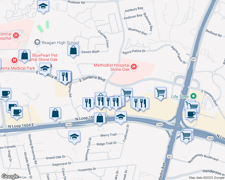 map of restaurants, bars, coffee shops, grocery stores, and more near 18626 Hardy Oak Boulevard in San Antonio