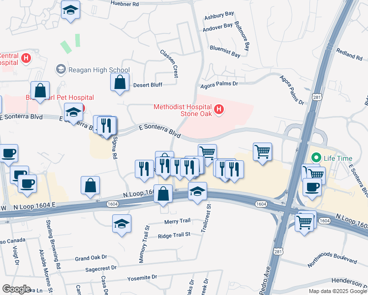 map of restaurants, bars, coffee shops, grocery stores, and more near 18626 Hardy Oak Boulevard in San Antonio