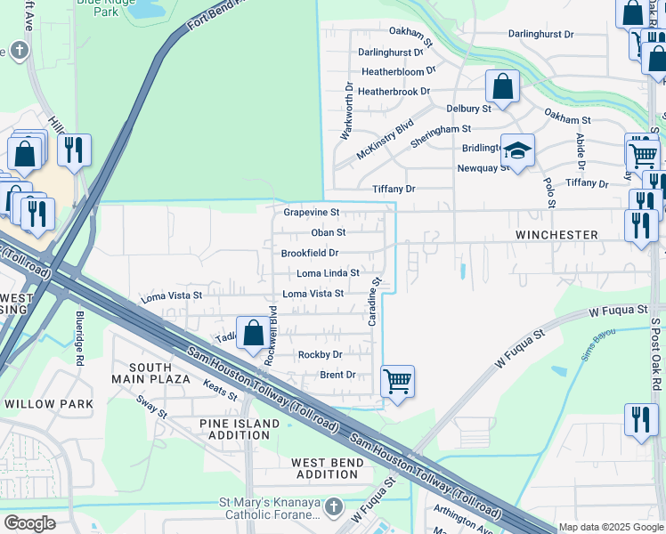map of restaurants, bars, coffee shops, grocery stores, and more near 6425 Brookfield Drive in Houston