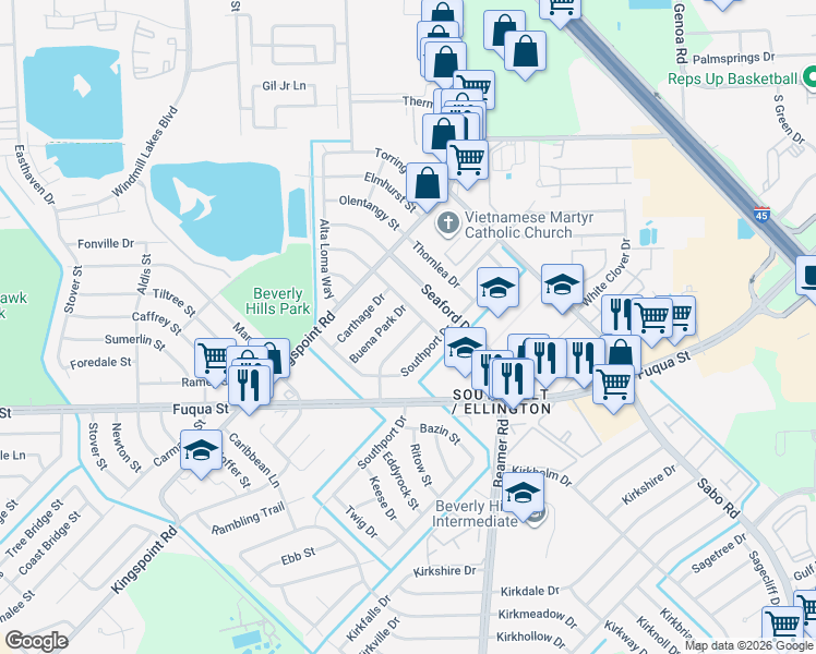 map of restaurants, bars, coffee shops, grocery stores, and more near 10331 Buena Park Drive in Houston