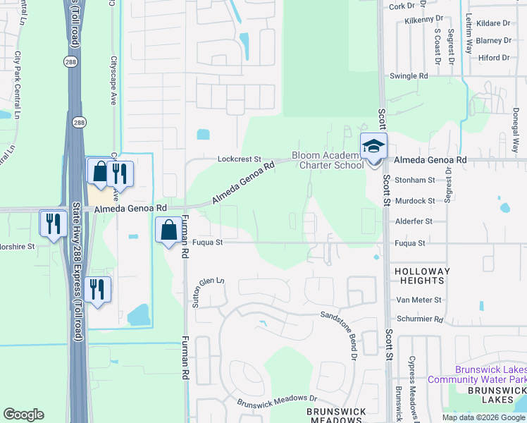 map of restaurants, bars, coffee shops, grocery stores, and more near 3101 Fuqua Street in Houston