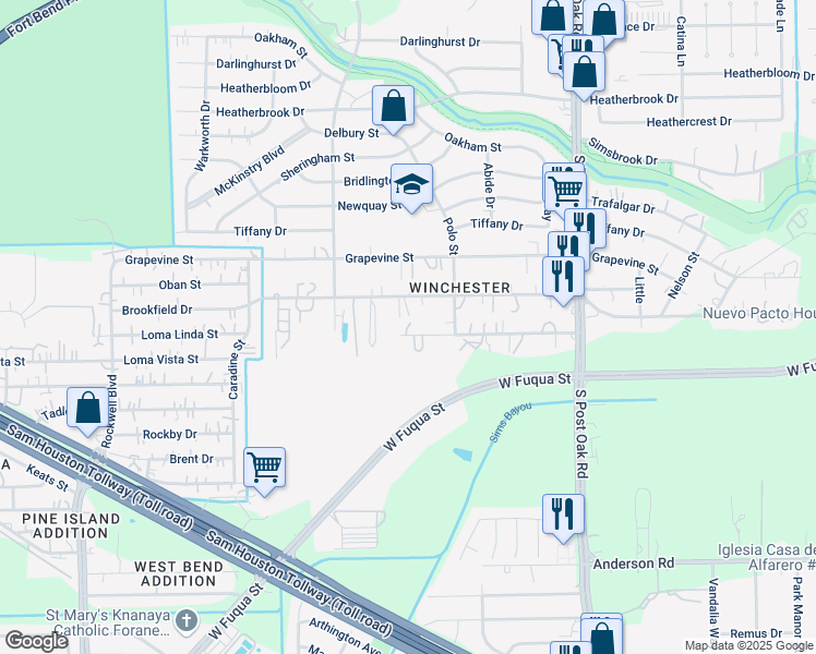 map of restaurants, bars, coffee shops, grocery stores, and more near 5905 Peachtree Road in Houston