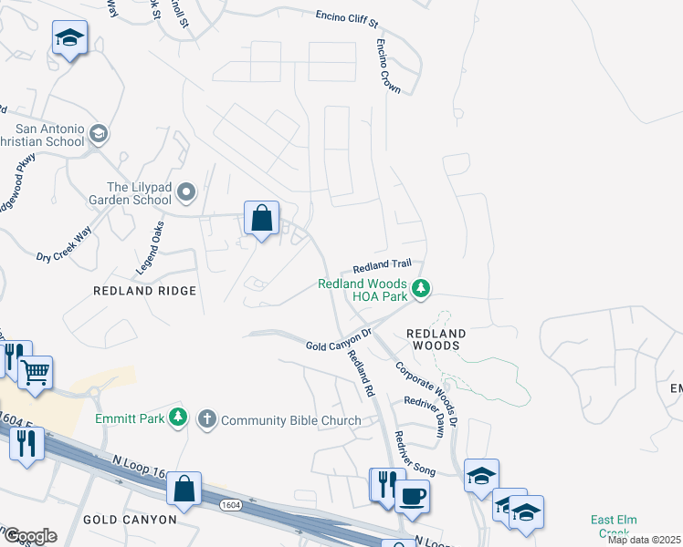map of restaurants, bars, coffee shops, grocery stores, and more near 1811 Redland Trail in San Antonio