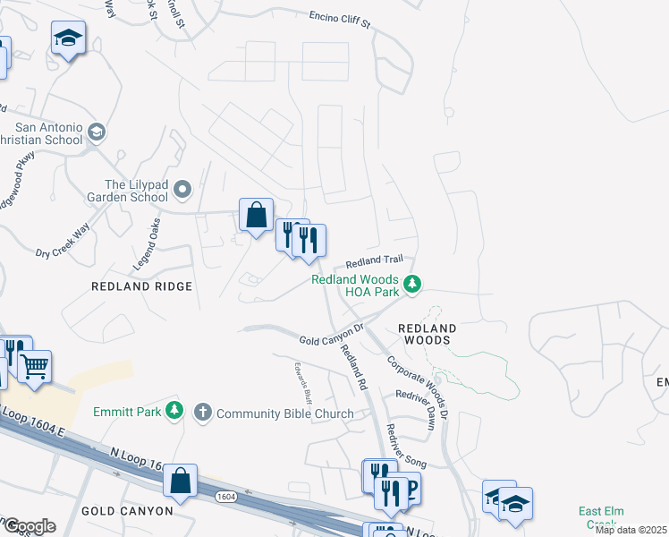 map of restaurants, bars, coffee shops, grocery stores, and more near 1811 Redland Trail in San Antonio
