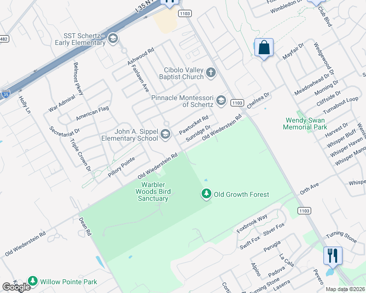 map of restaurants, bars, coffee shops, grocery stores, and more near 2900 Pawtucket Road in Cibolo