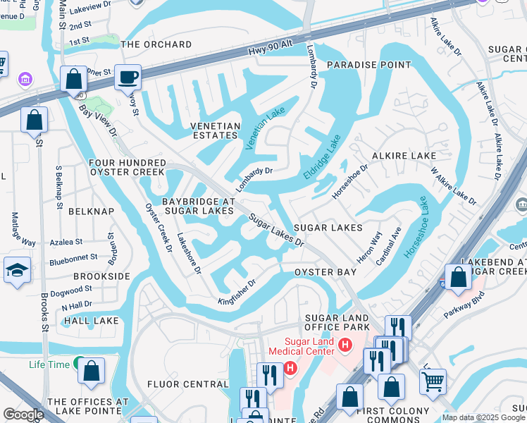 map of restaurants, bars, coffee shops, grocery stores, and more near 827 Harbour Place in Sugar Land