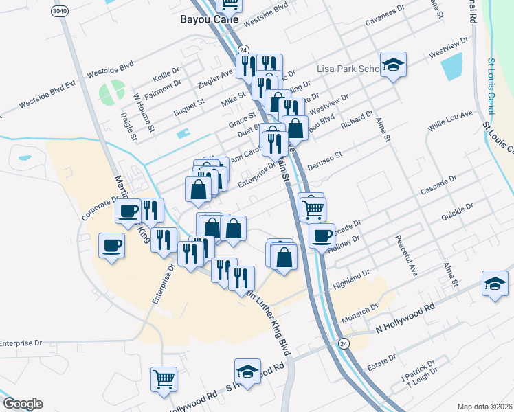 map of restaurants, bars, coffee shops, grocery stores, and more near 118 Roy Street in Houma