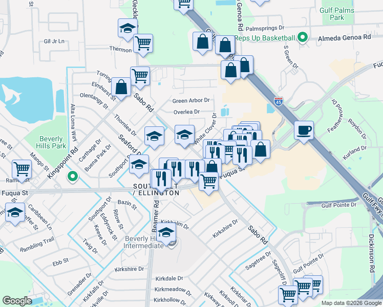 map of restaurants, bars, coffee shops, grocery stores, and more near 10730 Sabo Road in Houston