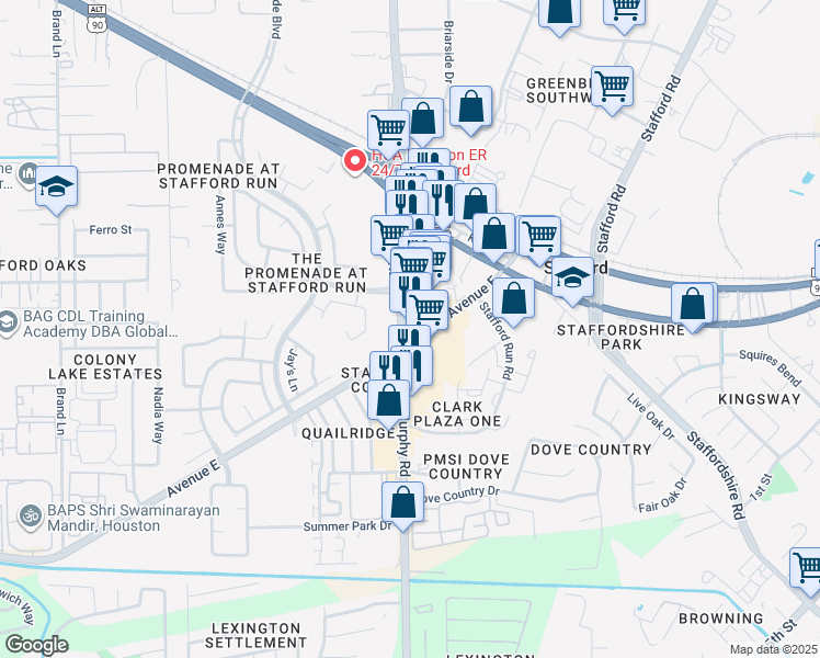 map of restaurants, bars, coffee shops, grocery stores, and more near 210-382 Avenue E in Stafford