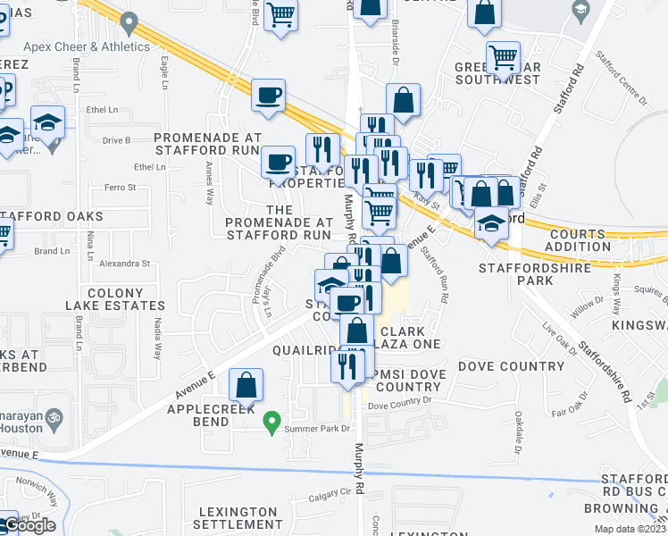 map of restaurants, bars, coffee shops, grocery stores, and more near 506 Whitney Oaks Lane in Stafford