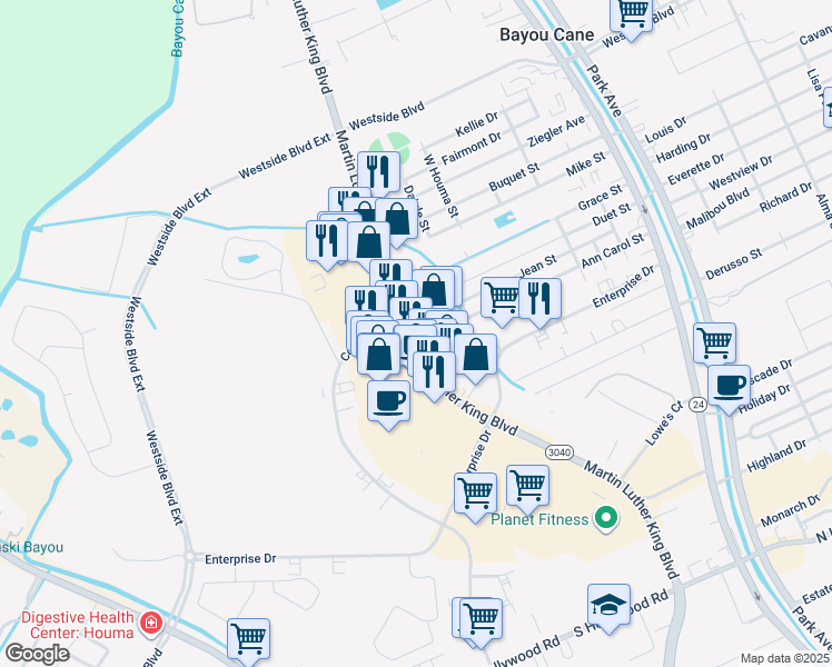 map of restaurants, bars, coffee shops, grocery stores, and more near 1779 Martin Luther King Boulevard in Houma