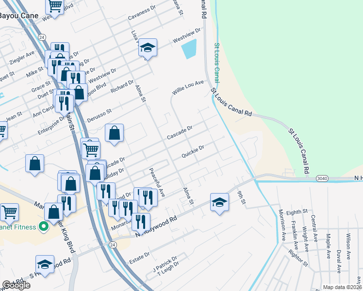 map of restaurants, bars, coffee shops, grocery stores, and more near 412-498 Holiday Drive in Houma