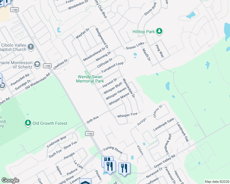 map of restaurants, bars, coffee shops, grocery stores, and more near 3416 Whisper Bluff in Schertz