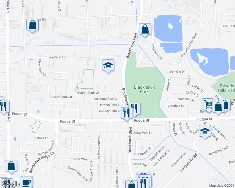 map of restaurants, bars, coffee shops, grocery stores, and more near 9326 Wolcott Park Lane in Houston