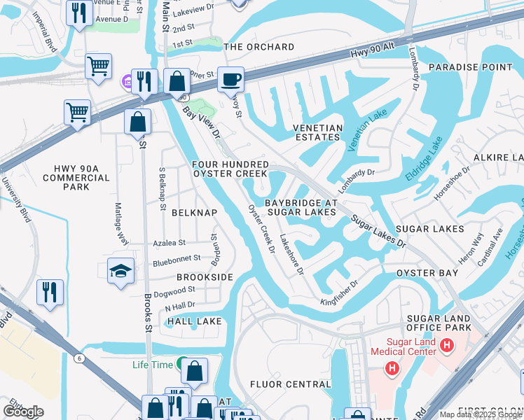 map of restaurants, bars, coffee shops, grocery stores, and more near 207 Bay Bridge Drive in Sugar Land