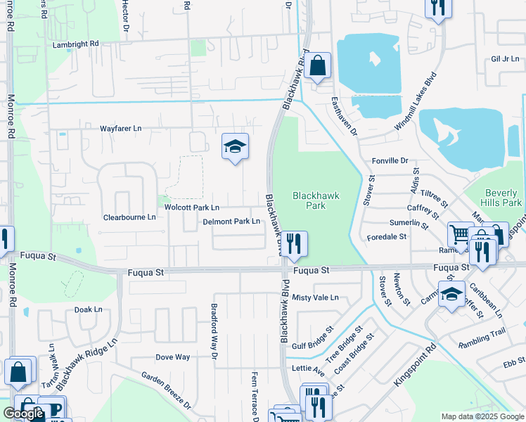 map of restaurants, bars, coffee shops, grocery stores, and more near 10327 South over Court in Houston