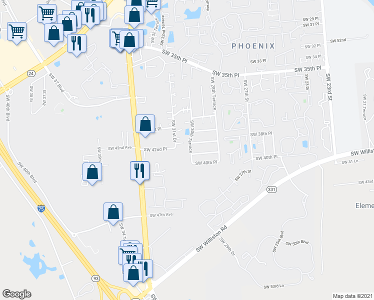 map of restaurants, bars, coffee shops, grocery stores, and more near 3902 Southwest 30th Terrace in Gainesville