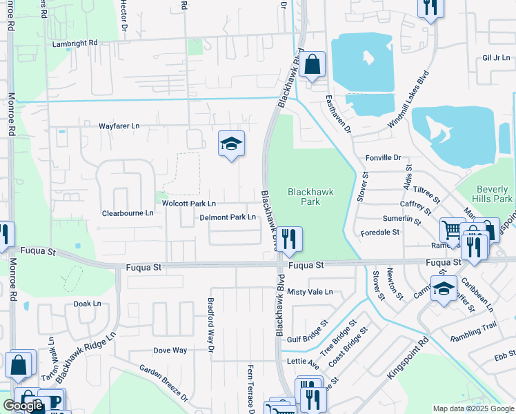 map of restaurants, bars, coffee shops, grocery stores, and more near 10327 South over Court in Houston