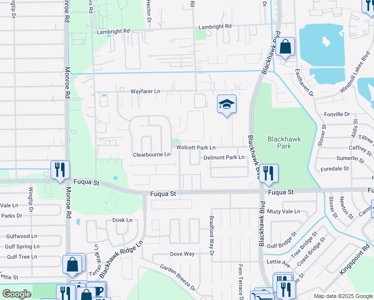 map of restaurants, bars, coffee shops, grocery stores, and more near 9027 Wolcott Park Lane in Houston