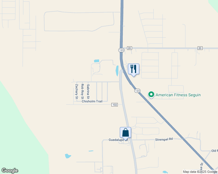 map of restaurants, bars, coffee shops, grocery stores, and more near 3417 Santa Fe Trail in Seguin