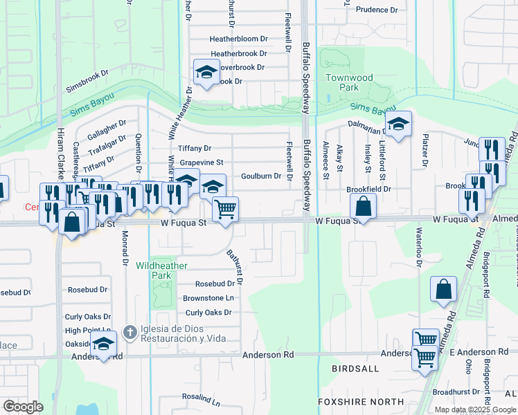 map of restaurants, bars, coffee shops, grocery stores, and more near 3810 West Fuqua Street in Houston