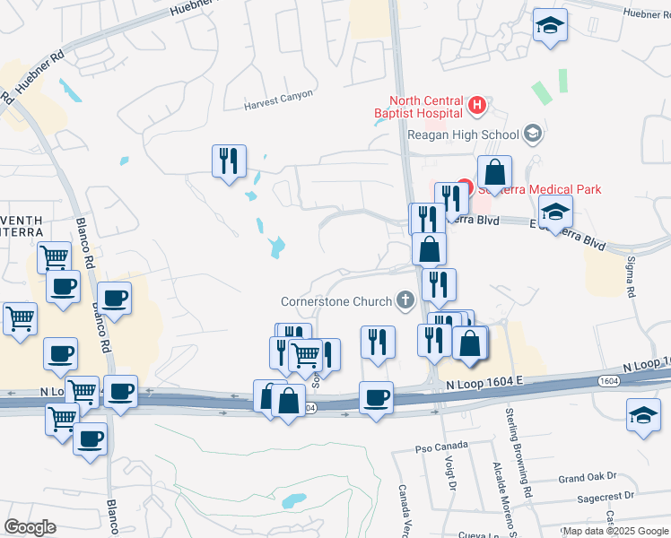 map of restaurants, bars, coffee shops, grocery stores, and more near 18777 Stone Oak Parkway in San Antonio