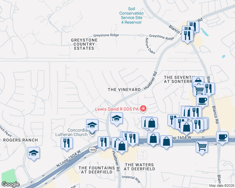 map of restaurants, bars, coffee shops, grocery stores, and more near 1811 Vía Compagna in San Antonio