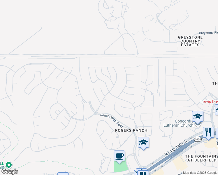 map of restaurants, bars, coffee shops, grocery stores, and more near 18422 Rogers Place in San Antonio