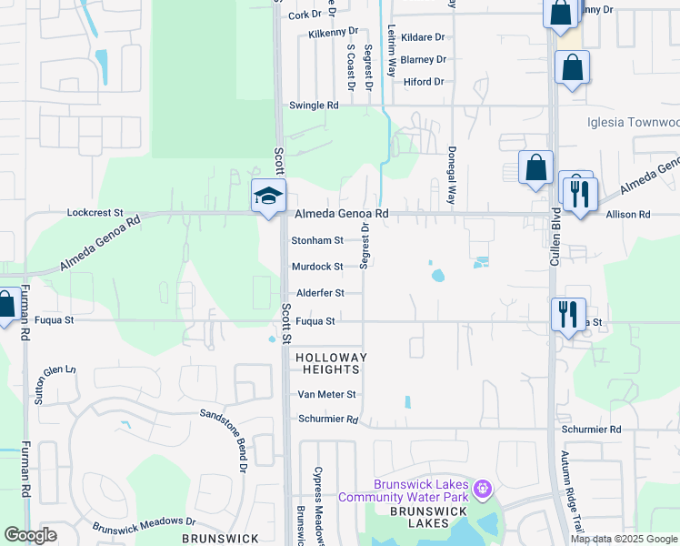 map of restaurants, bars, coffee shops, grocery stores, and more near 3613 Murdock Street in Houston