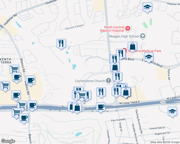 map of restaurants, bars, coffee shops, grocery stores, and more near 18777 Stone Oak Parkway in San Antonio