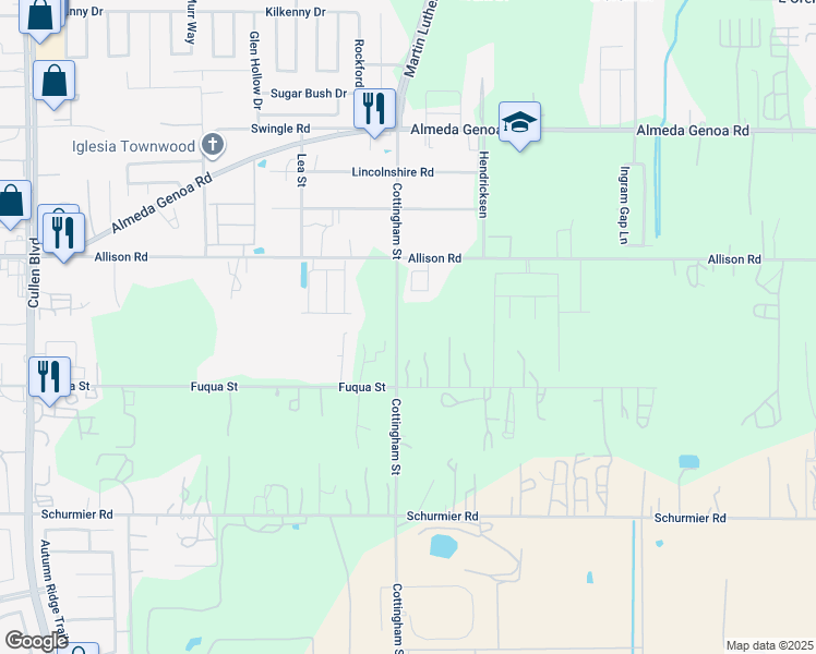 map of restaurants, bars, coffee shops, grocery stores, and more near 13319 Cottingham Street in Houston