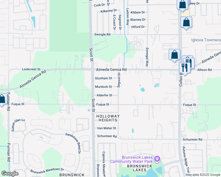 map of restaurants, bars, coffee shops, grocery stores, and more near 3613 Murdock Street in Houston